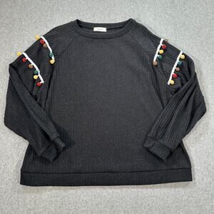 Hopely Pom Pom Trim Sweater Womens Large Black Ribbed Knit Crew Neck Long Sleeve